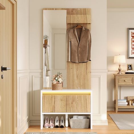 Ensemble d'entrée avec Porte‑manteaux, Patères, Miroir, Banc à chaussures – 2 tiroirs de rangement  – Design élegant – 60 × 38 × 145 cm – Naturel (1/5)
