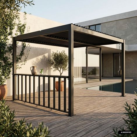 sweeek - Pergola bioclimatique aluminium et acier 3x3m + bar 3m anthracite Palace (1/5)