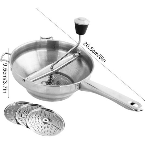 Prensa para puré de patatas, machacador de patatas de acero inoxidable con 3 discos intercambiables y mango de silicona, mermelada (1/5)