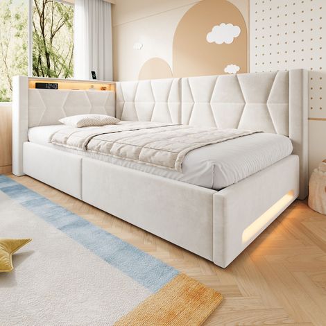 Lit capitonné 90x200 cm avec rangement, lit en velours avec LED en tête et pied de lit, USB et Type-C, coffre hydraulique, sommier à lattes, lit ado ou simple, beige. (1/5)