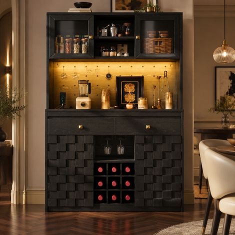 MODFU – Armoire haute cuisine 120x40x178 cm MDF/acrylique – LED RGB et prises USB – Porte-bouteilles et charge 60 kg – Cuisine – Noir (1/5)