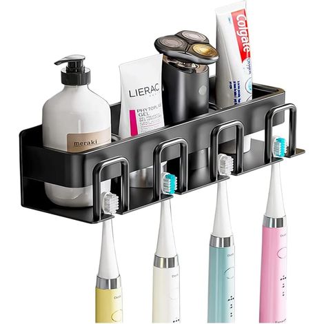 (noir)Support mural pour brosse à dents électrique sans perçage avec 4 emplacements pour brosses à dents et porte gobelets