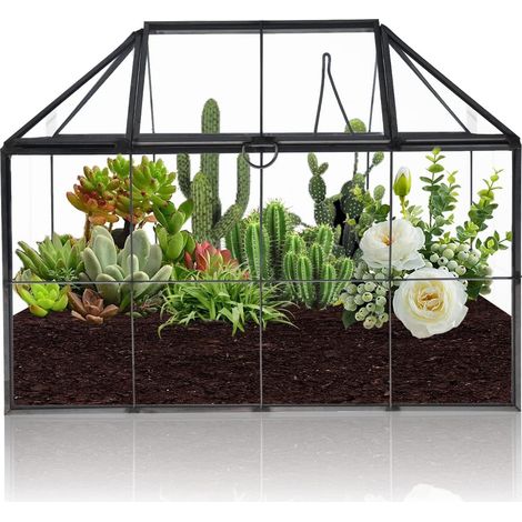 Grand Terrarium géométrique de 23 cm, boîte en Verre Faite à la Main, Pot de Fleurs Miniature pour Plantes Grasses, Cactus, Plantes aériennes (Forme de Maison Noire) (1/5)