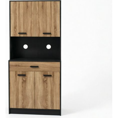 Hochschrank 80x40x180 cm Spanplatte Schwarz/Natur, 4 Türen, platzsparend (1/5)