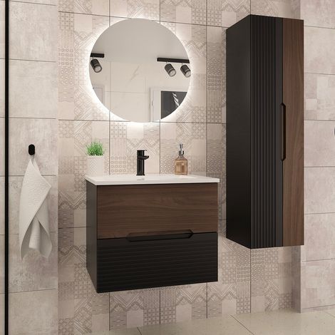 Conjunto de muebles con lavabo individual encastrado 60cm y columna Sylla Negro y madera (1/4)