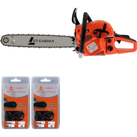 Gt Garden – Tronçonneuse thermique 62 cm3 3.5 CV – Longueur guide 50 cm – 2 chaînes affûtées – Démarrage Easy-Start