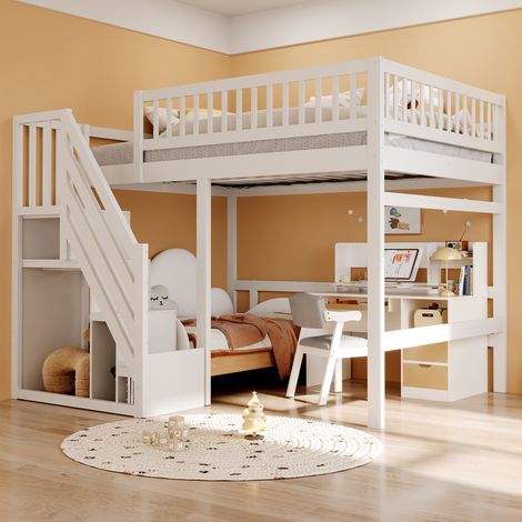 Cama de madera maciza de 140200, escalera con armario de almacenamiento, barandilla alta, cama infantil, cama juvenil, estructura de cama de madera maciza, blanca (Vecchio SKU: LDB00165AAK) (1/5)