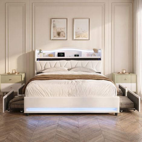 Lit double 140x200 cm avec 4 tiroirs, tête de lit avec chargement USB et éclairage LED, sommier à lattes, Lit Capitonné en velours, Beige (1/5)