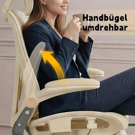 Irovami Chaise de bureau ergonomique pliable crème Soutien lombaire, appui-tête 3D, accoudoirs rabattables, maille (1/5)