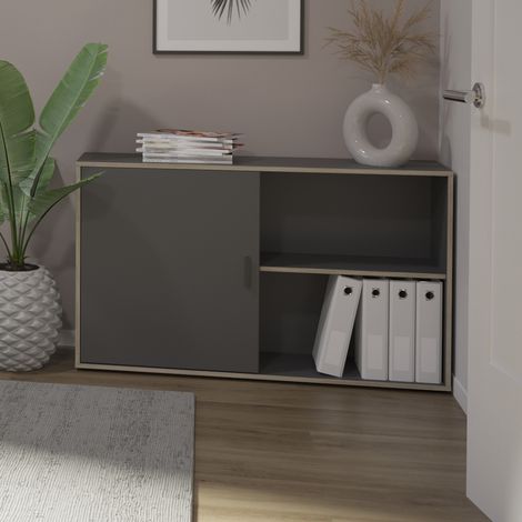 Kommode Aktenschrank mit Schiebetür in anthrazit matt mit Eiche-Kante EMPOLI-10, B/H/T ca. 110,5/72,8/33 cm (1/4)