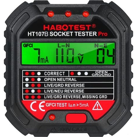 Testeur de Prise Avec Test RCD et Voyants,Testeur de Circuit Electrique,6 Types de Diagnostic D'Erreur,Courant Automatique Détecteur de Tension de Polarité,CAT ll 300V (1/5)