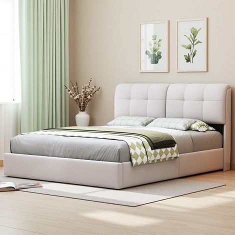 Lit double rembourré 160 x 200 cm, éclairage LED, matelas pneumatique avec rangement, sommier à lattes, sans matelas, flanelle, beige (livraison locale) (1/5)