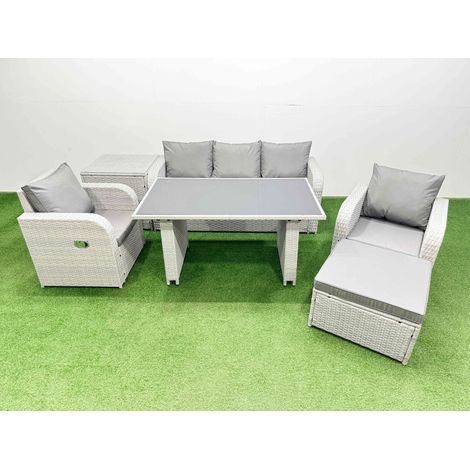 Fimous Outdoor Rattan Garden Furniture Dining Set 6-seater Patio Rectangular Table 3 Seater Sofa Reclining Chair Set with Side Table Big Stool (1/4)