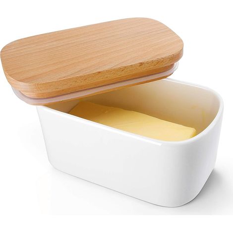 303.101 Grand beurrier - Beurrier hermétique pouvant contenir jusqu'à 2 plaquettes de beurre - Récipient en porcelaine avec couvercle en bois de hêtre, blanc (1/5)