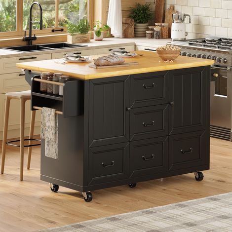 Desserte de cuisine - Buffet 120x73x93 cm - Chariot roulant avec porte-serviettes et étagère à épices - Noir (1/5)