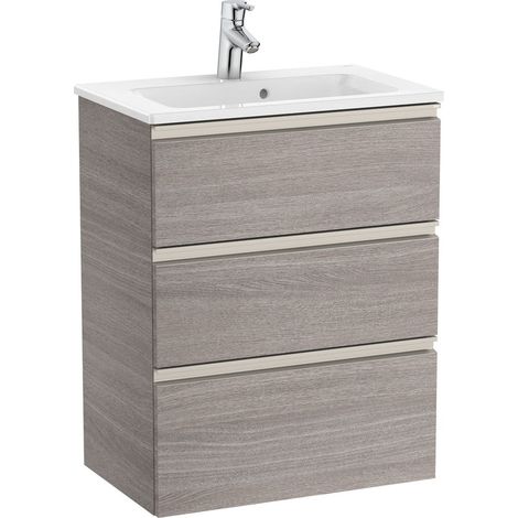Pack Unik mueble base compacto de 3 cajones + lavabo THE GAP - ROCA Color: Roble City texturizado - Medidas: 605x380x759 mm