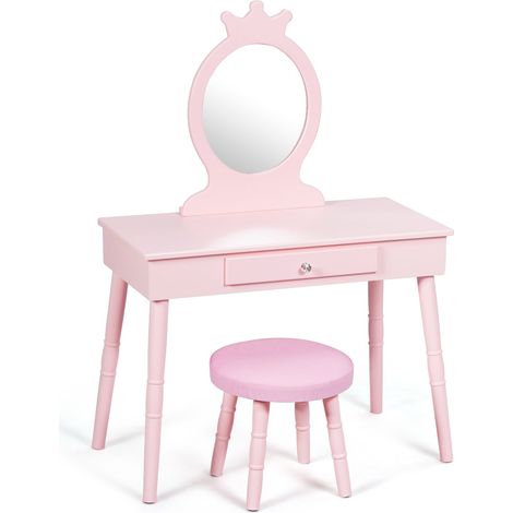 Toeletta per bambini con cassetto 70 x 34 x 101 cm seduta comoda specchio autentico in stile principessa in MDF rosa 200011525