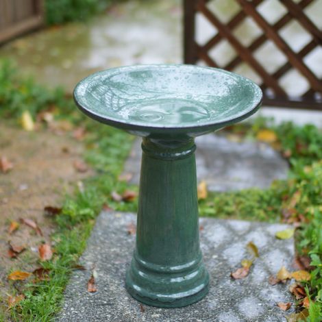 Bañera para pájaros de cerámica Ø 31,5 cm, H 38 cm, verde oscuro DESVIAE (1/5)