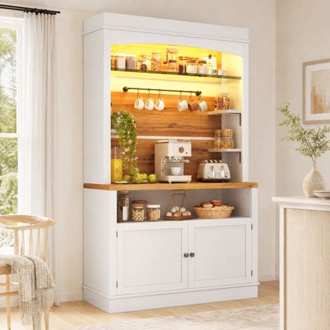 Credenza alta con illuminazione LED, ripiano in vetro e barra con ganci, 184 cm, bianca HAVRYA (1/5)