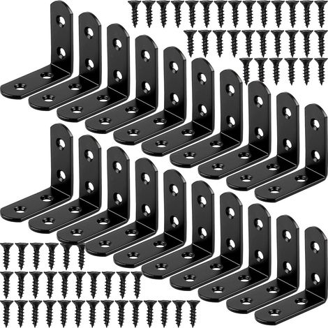 Lot de 20 équerres de montage noires à angle droit, en forme de L, à 90 degrés, en acier inoxydable, 40 x 40 mm (1/5)