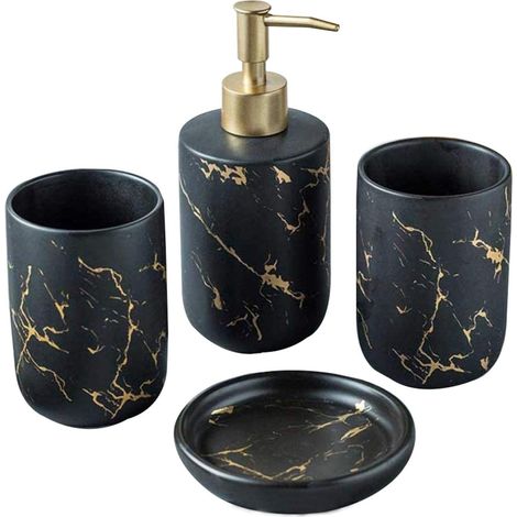 Set Accessoires Salle De Bain - Distributeur Savon Gobelet Porte-Savon Porte-Brosse À Dents - Céramique Effet Marbre - Noir - 4 Pièces