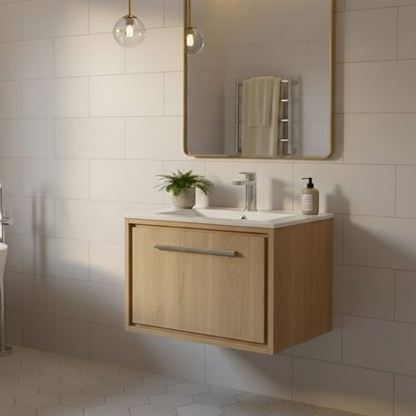 Hudson Reed Lille Wall Hung 1-Drawer Vanity Unit with 1TH Minimalist Basin 600mm Wide - Bleached Oak