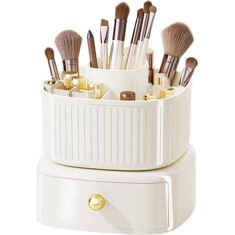 Organizador de maquillaje giratorio de 360°, organizador de almacenamiento de brochas con cajones (blanco-crema) (1/4)