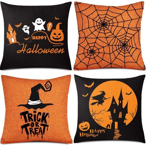 Lot de 4 taies d'oreiller d'Halloween, orange et noir, en lin, pour canapé ou lit (45,7 x 45,7 cm). (1/5)