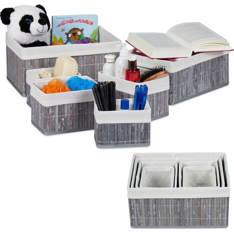 Set da 12 Cestini Portaoggetti, Fodera in Tessuto, in Bambù, Contenitore Bagno o Armadio, Porta Giochi, Grigio