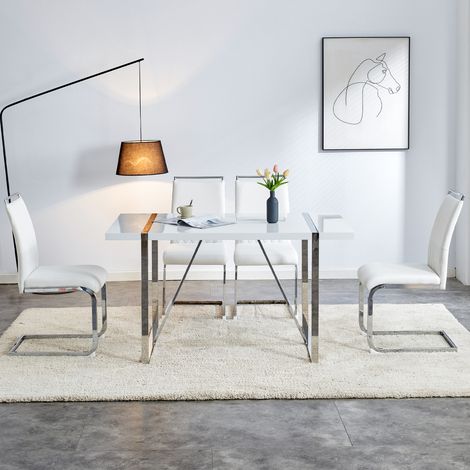 Chaise de salle a manger blanche en metal avec dossier ergonomique PU et lin, assise 42 x 45 cm (1/5)