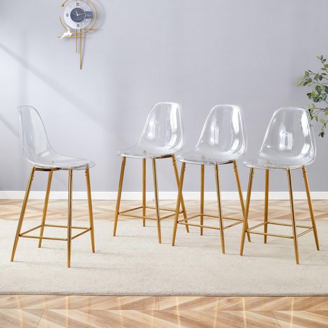 Lot 4 tabourets de bar transparents, structure métal argenté/doré/noir, design moderne, cuisine bar restaurant, chaises seules (1/5)