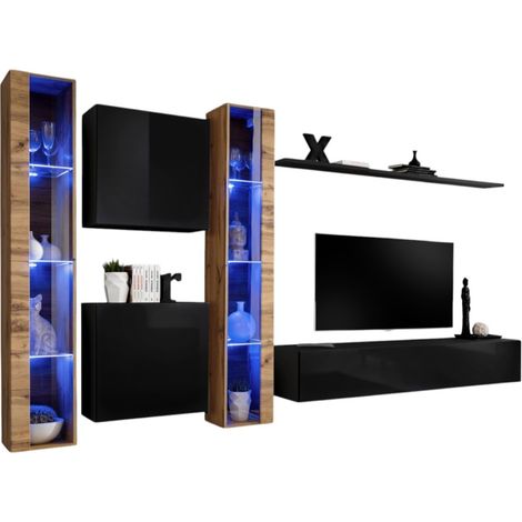 Composizione murale SWITCH XVI – Mobile TV, vetrine LED, cubi e mensola – Nero lucido e quercia Wotan – Design contemporaneo