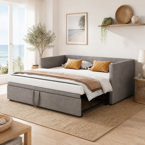 Divano letto estensibile 90/180 x 200 cm con rete a doghe, velluto grigio DESVIAE (1/5)