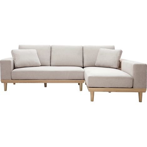 Ecksofa rechts 5-Sitzer mit Stauraum beiger Stoff mit strukturiertem Samteffekt und helles Holz KOMAO