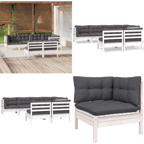 7-tlg. Garten-Lounge-Set mit Kissen Weiß Kiefer Massivholz - Garten Lounge Set - Kiefernholzmöbel - Outdoor Möbel - Gartengeräte - Gartenmöbel - Home & Living