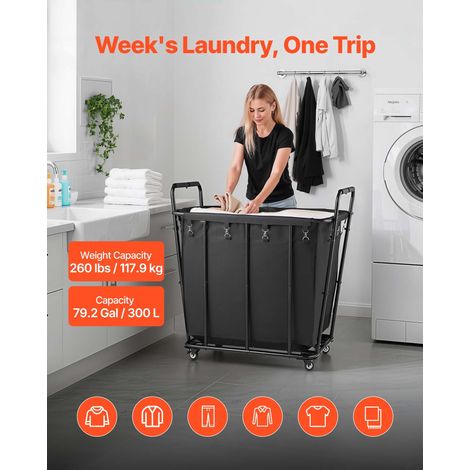 Chariot à linge mobile avec roulettes pivotantes, panier à linge avec doublure imperméable, charge de 117,9 kg, capacité 300 L, chariot de courses robuste pour camping, épicerie, bagages, noir (1/5)