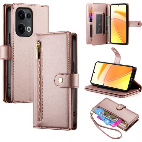 Funda tipo libro para Oppo Reno 13 Pro 5G, con bolsillo tipo cartera y cremallera, color rosa. (1/5)