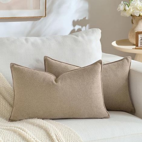 Set of 2 Cushion Covers 30 x 50 cm Taupe Chenille with Modern Decor Plain and Neutral Design with Border Unique Design Suitable for Bedroom, Living Room, Sofa, Bed and (1/4)