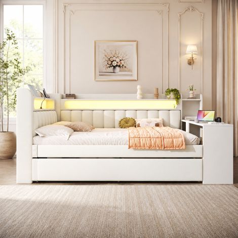 Lit gigogne 140x200 cm en bois et tissu blanc, gain de place pour chambre, sans matelas FloraGrace (1/5)