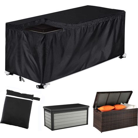 Housse de protection imperméable pour coffre de jardin ou de terrasse avec fermeture éclair, tissu Oxford 420D anti-UV – Rectangulaire (Noir, Petit modèle 123 x 62 x 55 cm) (1/5)