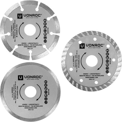 Vonroc – Disque diamant 115 mm – Lot de 3 disques segmentés, continus, turbo – Pour pierre, béton, céramique – Trou de 22,2 mm