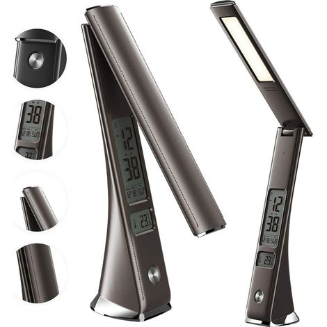 Trade Shop - Lampara De Escritorio Luz Led 3 Intensidad 5w Negro Imitacion Cuero Reloj Pantalla Lcd - (1/5)