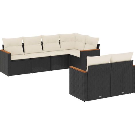 Salon de jardin 7 pcs Mobilier de jardin avec coussins noir résine tressée (1/5)