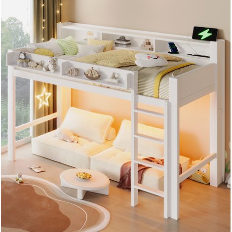 Cama altillo 90x200 cm - Con escritorio, LED y USB - Con 3 armarios - En madera - Blanco (1/5)