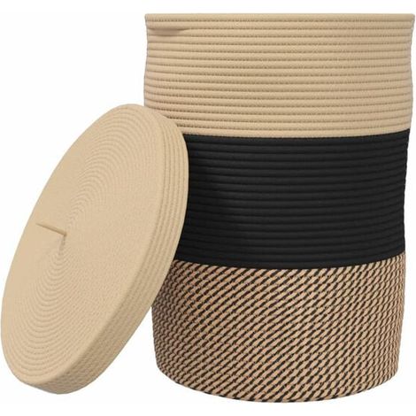 Panier de rangement avec couvercle noir et beige, 37 cm de diamètre et 50 cm de hauteur, en coton. (1/5)