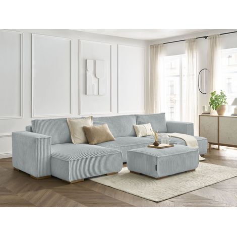 BOBOCHIC - Canapé panoramique convertible coffre CHELSEA gros côtelé doux avec pouf   Gris clair (1/5)