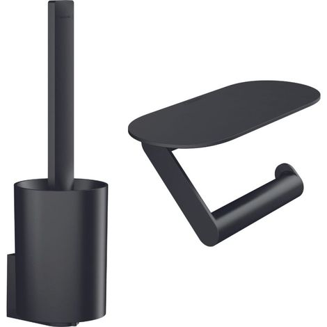 Porte-brosse WC mural noir mat avec tablette & porte-papier, fixation cachée, matériau synthétique, contenant amovible facile à nettoyer (1/4)