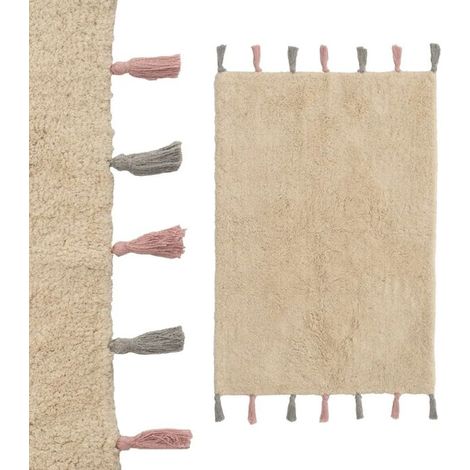 Tapis - JUANIO - Tapis beige en coton avec franges - Rectangulaire 90 x 60 cm - Coton - Anti-acarien (1/2)