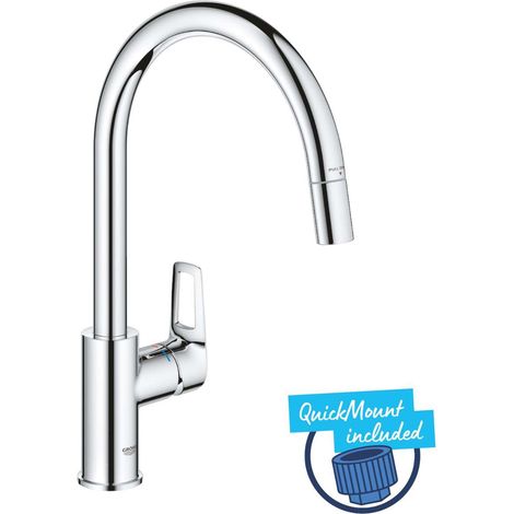 Mitigeur monocommande évier chromé – Bec haut pivotant 360° – Douchette extractible – Limiteur de débit ajustable – GROHE Long-Life cartouche céramique