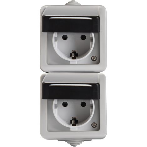 Prise Double Schuko Murale - 2P+T - 16A/250V - IP54 - Protection Enfant - Gris (1/2)